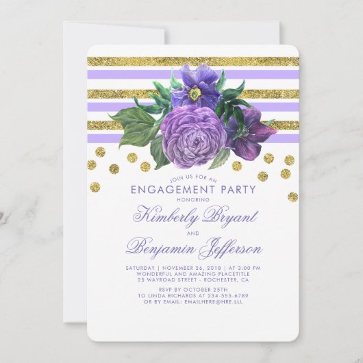 Invitation Bandes d'or et Fleurs violettes (Devant)