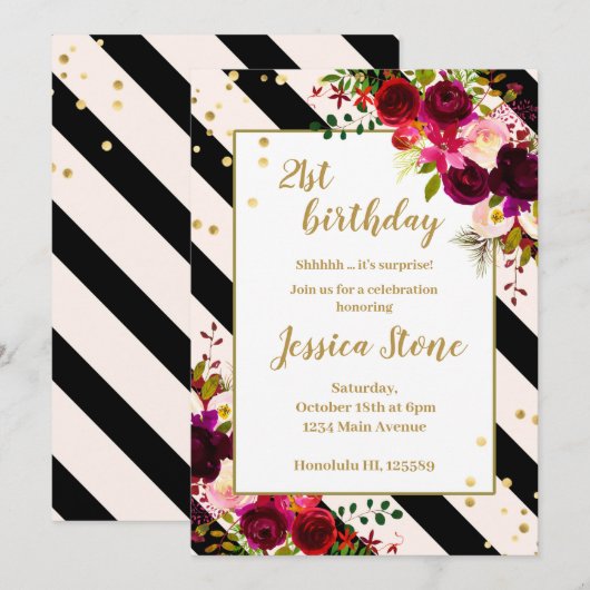 Invitation Bandes florales noires et blanches 21e anniversair (Devant / Derrière)