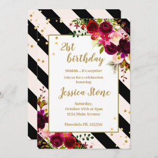 Invitation Bandes florales noires et blanches 21e anniversair