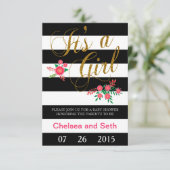 Invitation Bandes noir et blanc | Floral rose | Baby shower (Debout devant)