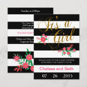 Invitation Bandes noir et blanc | Floral rose | Baby shower (Devant / Derrière)