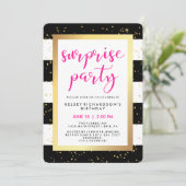 Invitation Bandes noires et blanches avec Gold Surprise Party (Debout devant)