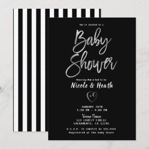 Invitation Bandes noires et blanches Baby Shower chic argenté