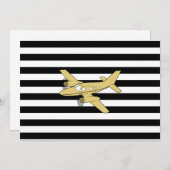 Invitation Bandes noires et blanches et avion en or (Devant / Derrière)