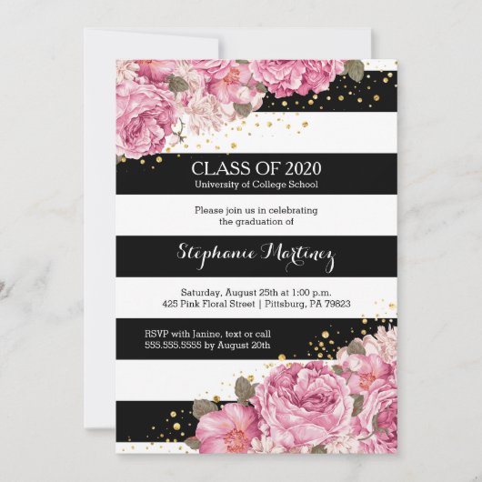 Invitation Bandes noires et blanches et graduation florale ro (Devant)