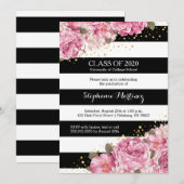 Invitation Bandes noires et blanches et graduation florale ro (Devant / Derrière)