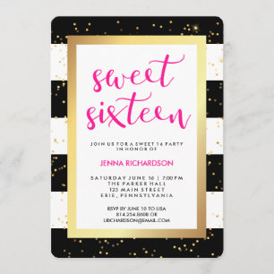 Invitation Bandes noires et blanches et Sweet sixteen d'or