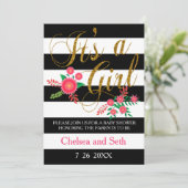 Invitation Bandes noires et blanches | Floral rose | BABY SHO (Debout devant)