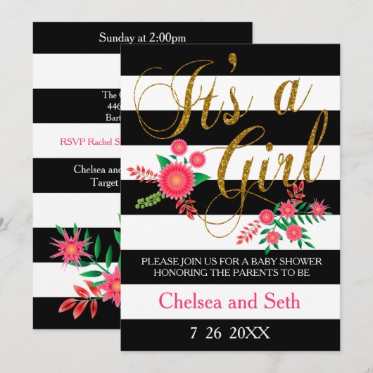 Invitation Bandes noires et blanches | Floral rose | BABY SHO (Devant / Derrière)