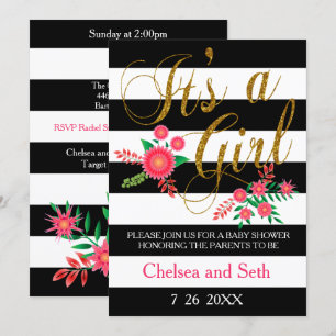 Invitation Bandes noires et blanches Floral rose BABY SHO