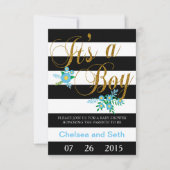 Invitation Bandes noires et blanches| Flore bleue| Baby showe (Devant)