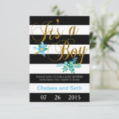 Invitation Bandes noires et blanches| Flore bleue| Baby showe (Debout devant)