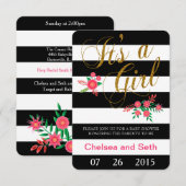 Invitation Bandes noires et blanches| Flore rose| Baby shower (Devant / Derrière)