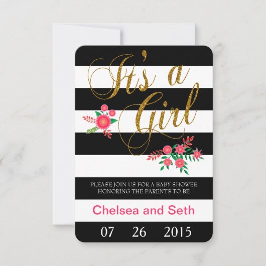 Invitation Bandes noires et blanches| Flore rose| Baby shower (Devant)