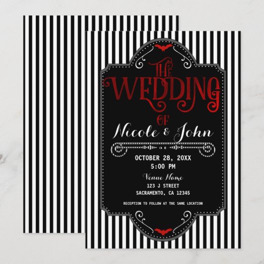 Invitation Bandes noires et blanches Gothique rouge Mariage C (Devant / Derrière)