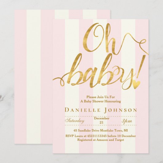 Invitation Bandes roses chic et baby shower de feuille d'or (Devant / Derrière)