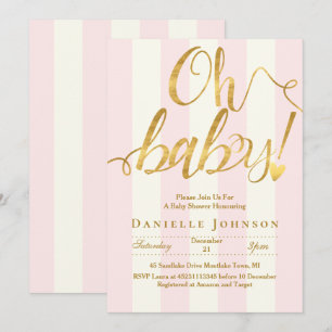 Invitation Bandes roses chic et baby shower de feuille d'or