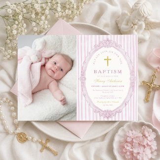 Invitation Bandes roses Élégante Fille Vintage Baptême Photo