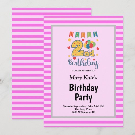 Invitation Bandes roses encadrées 2e fête d'anniversaire (Devant / Derrière)