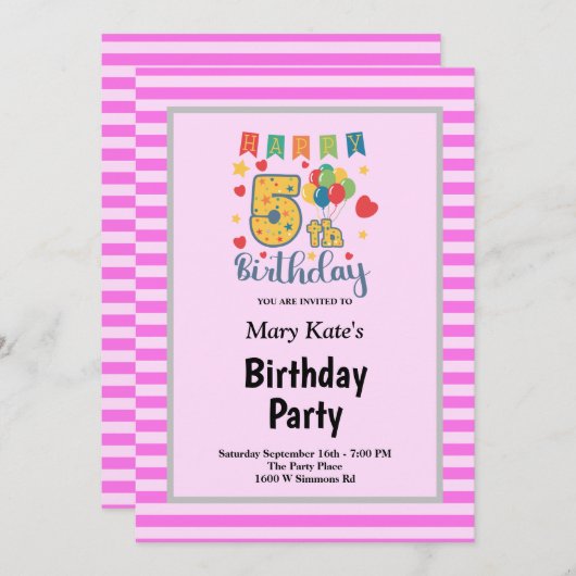 Invitation Bandes roses encadrées 5e fête d'anniversaire (Devant / Derrière)