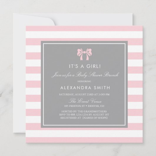 Invitation Bandes roses et blanches avec Baby shower Bow Brun (Devant)