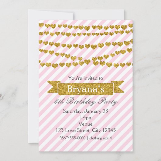 Invitation Bandes roses et blanches avec Coeurs d'or Invitati (Devant)
