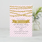 Invitation Bandes roses et blanches avec Coeurs d'or Invitati (Debout devant)