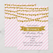 Invitation Bandes roses et blanches avec Coeurs d'or Invitati (Devant / Derrière)