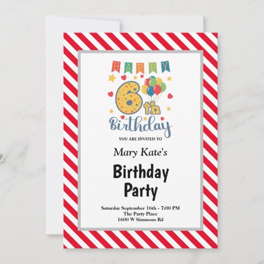 Invitation Bandes rouges/blanches encadrées 6e fête d'anniver (Devant)