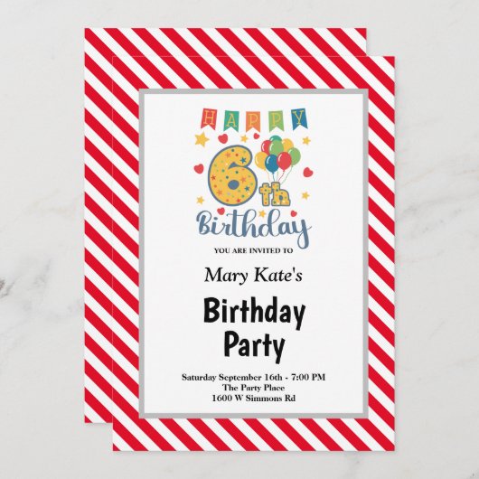 Invitation Bandes rouges/blanches encadrées 6e fête d'anniver (Devant / Derrière)