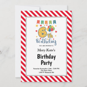 Invitation Bandes rouges/blanches encadrées 6e fête d'anniver