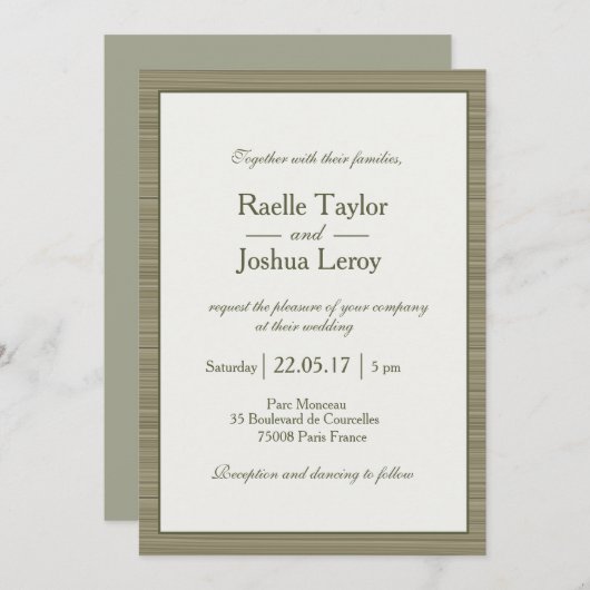 Invitation Bandes vert olive minimaliste mariage zen moderne (Devant / Derrière)