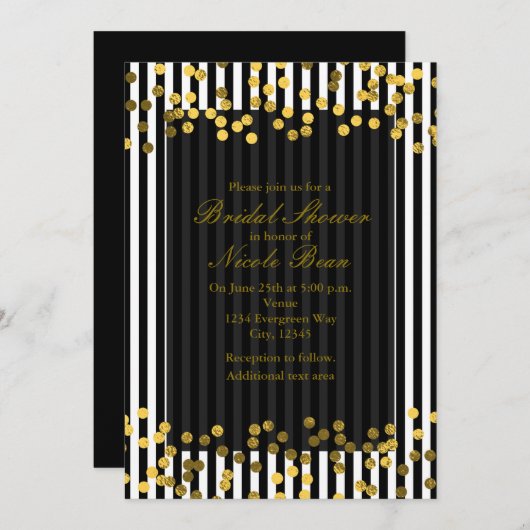 Invitation Bandes Verticales Noires & Blanches Points Faux Or (Devant / Derrière)