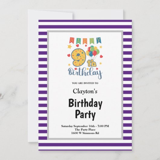 Invitation Bandes violettes/blanches encadrées 9e fête d'anni (Devant)