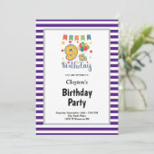 Invitation Bandes violettes/blanches encadrées 9e fête d'anni (Debout devant)