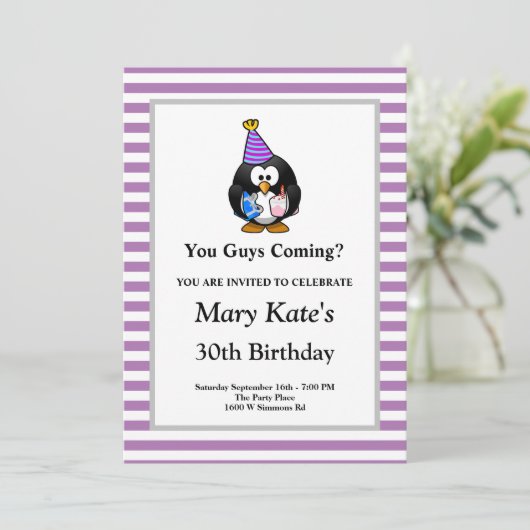 Invitation Bandes violettes/blanches encadrées Fête d'Anniver (Debout devant)