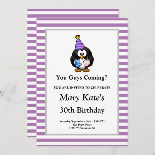 Invitation Bandes violettes/blanches encadrées Fête d'Anniver (Devant / Derrière)