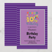 Invitation Bandes violettes encadrées 10e fête d'anniversaire (Devant / Derrière)