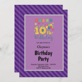 Invitation Bandes violettes encadrées 10e fête d'anniversaire (Devant / Derrière)