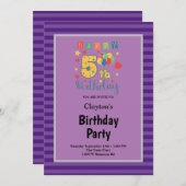 Invitation Bandes violettes encadrées 5e fête d'anniversaire (Devant / Derrière)