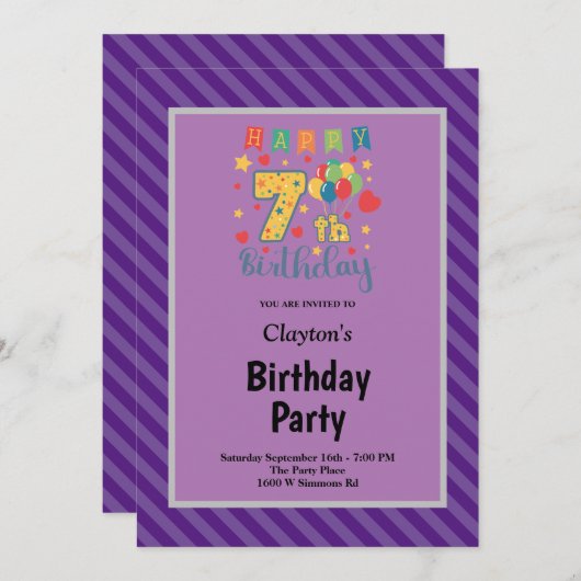 Invitation Bandes violettes encadrées 7e fête d'anniversaire (Devant / Derrière)