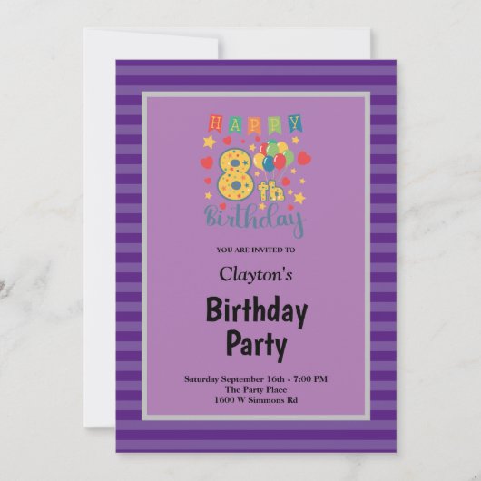 Invitation Bandes violettes encadrées 8ème anniversaire (Devant)