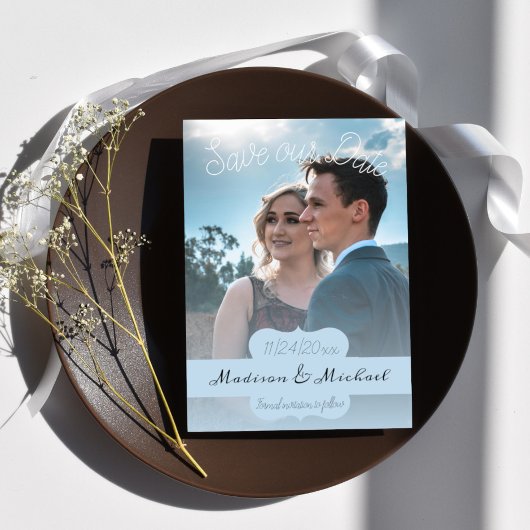 Invitation Bannière Bleue Douce Photo Enregistrer La Date Ann