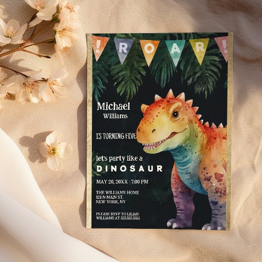 Invitation Bannière colorée orange noir Dino fête d'anniversa