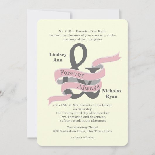 Invitation Bannière en ruban rose blanc de l'esperluette (Devant)