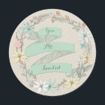 Invitation Bannière et courroie florale Mariage classique<br><div class="desc">Elégant, personnalisé, faire-part de mariage circulaire à couronne florale, avec de belles, modernes, contemporaines, colorées couronnes d'illustrations vectorielles stylisées fleurs, feuilles, et bannières vertes turquoises, avec fantaisie, fantaisie, script de calligraphie personnalisable police gris / gris sur une jolie crème / toile de couleur beige / burlap texture image arrière -...</div>