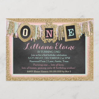 Invitation Bannière Gold Parties scintillant First Birthday