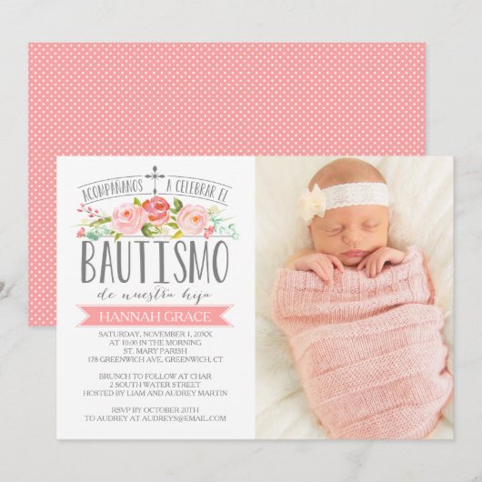 Invitation Bannière rose rose avec photo | Bautismo espagnol (Devant / Derrière)