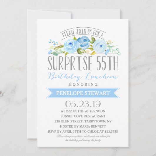 Invitation Bannière rose Surprise 55e anniversaire Déjeuner (Devant)