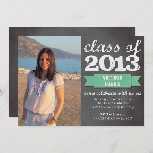 Invitation Bannière ruban turquoise tableau noir graduation p (Devant / Derrière)